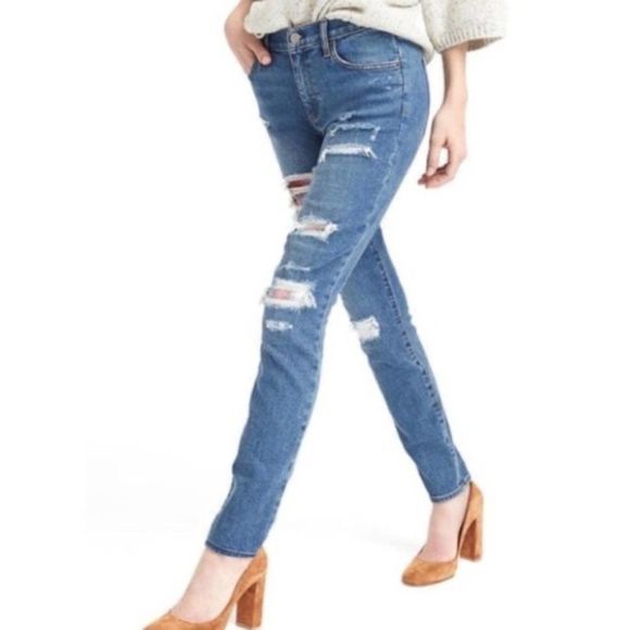 Gap + Pendleton Real Straight Distressed Patched Jeans 26A - Picture 1 of 12